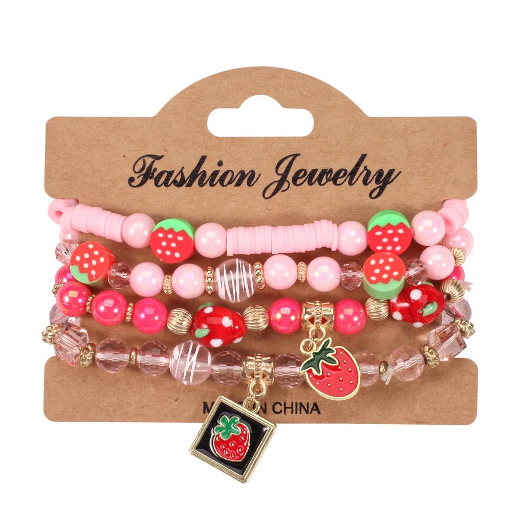 Strawberry Pendant Pink Beads Multilayer Stretch Bracelet Cute Fruit Design Hand Decoration Gift For Women