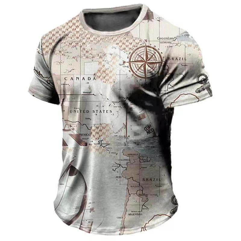 Vintage Compass Pattern T-Shirt For Men Navigation Map 3D Printed Tees Summer Fashion Casual Loose Street Tops O-Neck T Shirts