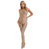 Damen Glatt Vollständige Abdeckung Offener Schritt Bodysuit U-Ausschnitt Ärmellos Fuß-Jumpsuit Glänzend Dehnbar Einfarbig Unitard Nachtwäsche