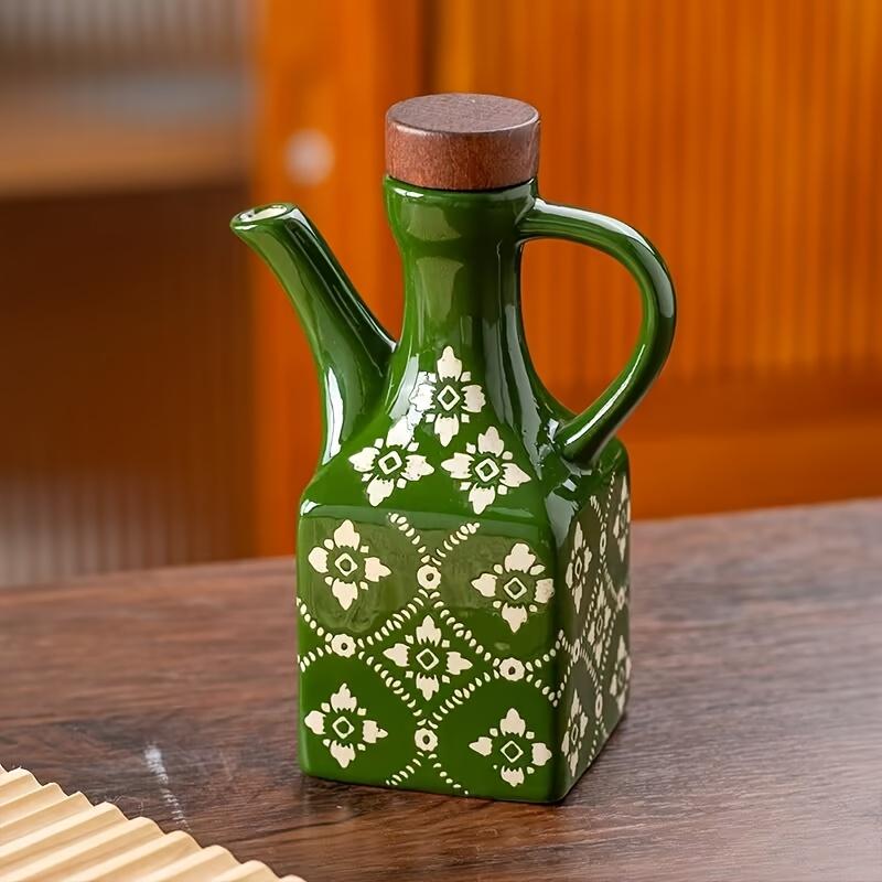 1pc Ceramic Oil Dispenser with Wooden Lid and Handle,Blue and White Porcelain Design,BPA-Free,Freezer Safe, Square Shape for Kitchen Seasoning Storage