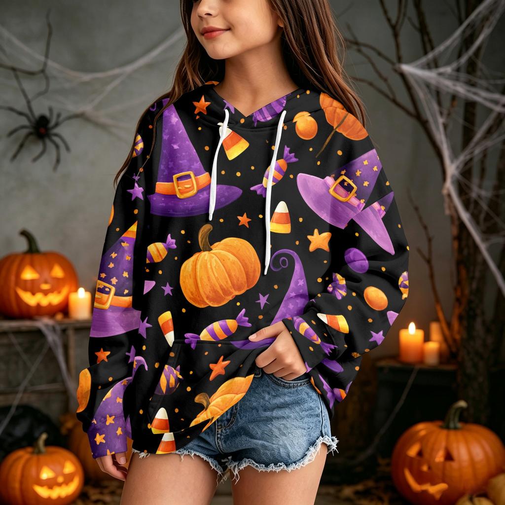Children's Casual Hoodie with Halloween Print Pullover for Holiday Parties
