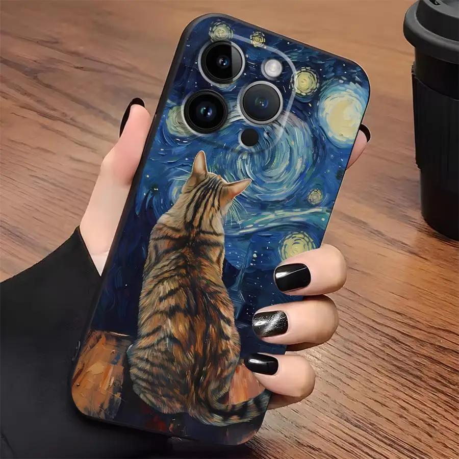 Artistic Starry Sky Cat Phone Case For iPhone 17 16 15 11 12 14 13 Pro Max Mini X XR 7 Plus 16E Shockproof Silicone Cover Fundas