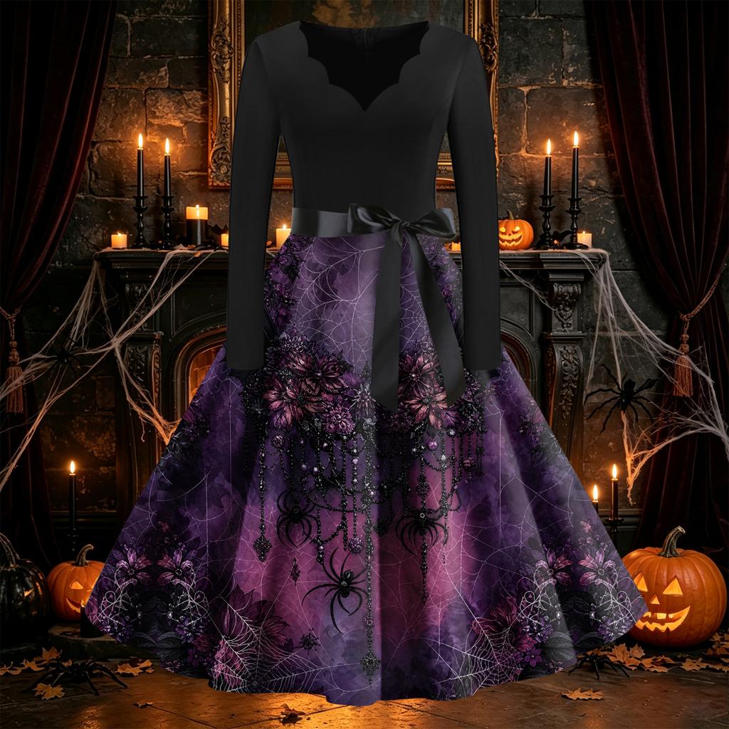 Women's Vintage Retro Long Sleeve V-Neck Flared Dress with Halloween Print for Party