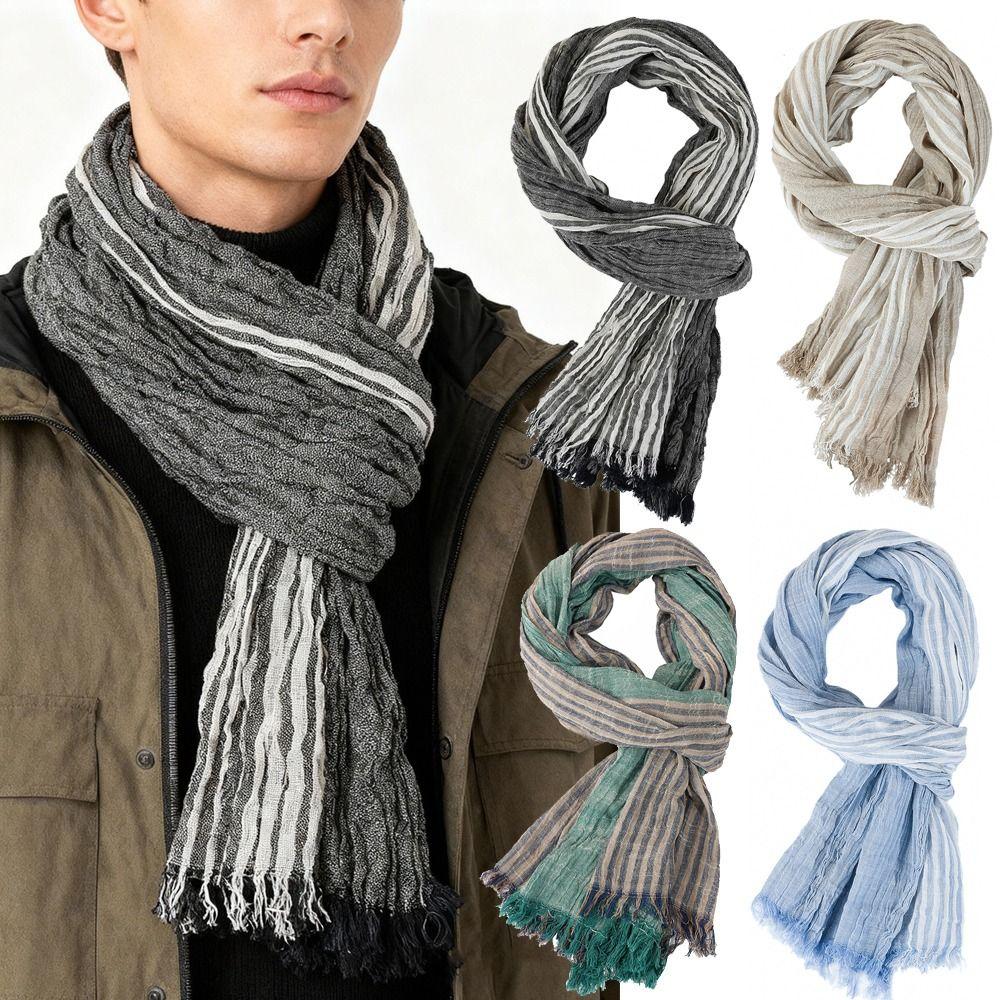 Striped Men's Scarves Cotton Linen Yarn-dyed Neckerchief  Wrap Long Shawl  Autumn Winter Warm