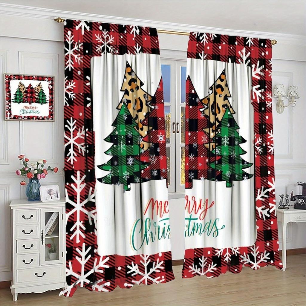 2pcs Christmas Tree Snowflake Curtain, Christmas Gift and Ball Curtain For Living Room, Kitchen, Bedroom, Hotel,Home Decor