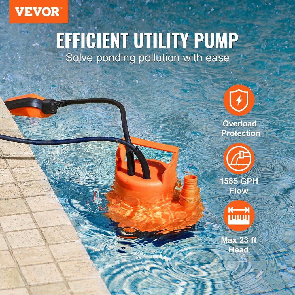 Submersible Utility Pump Sump Pump 320W 1585 GPH 23 Ft Head Water Pump