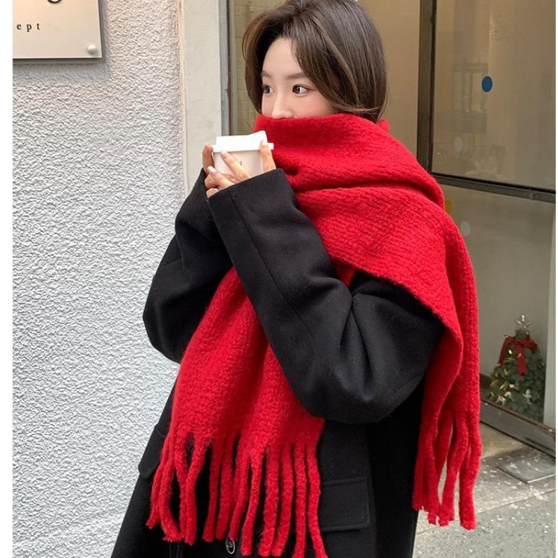 Christmas red~ autumn and winter ghost fringed scarf atmosphere imitation cashmere thickened knitted scarf