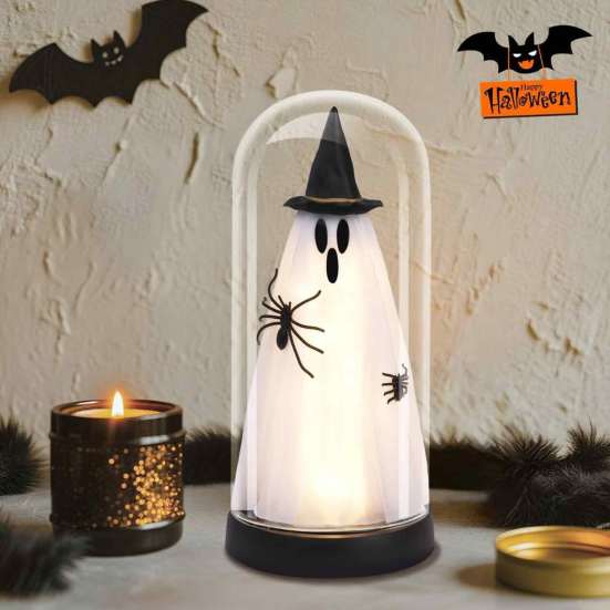 Halloween Ghost Decoration Indoor Light Up in Dome Cloche, Cute Witch Decorative Window Table Lamp with LED for Home Kitchen Mantel Tabletop