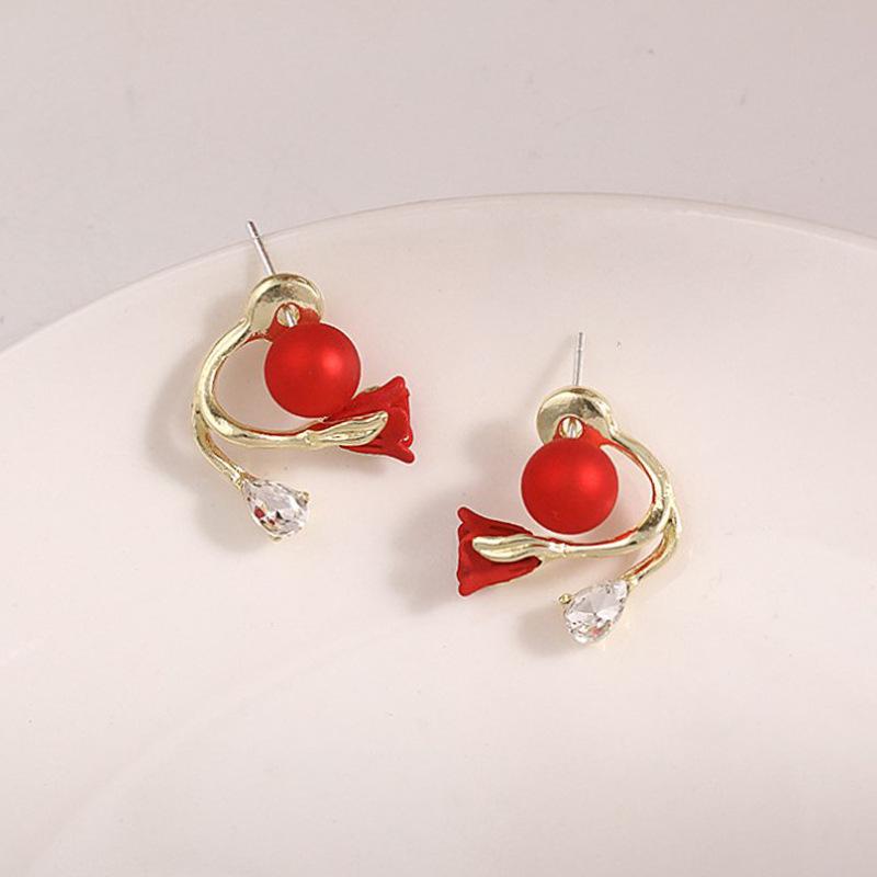 Korean Version Earrings Sales Luxury Red Flowers Pearl Crystal Earrings Female Net Red High Sense Elegant Temperament Earrings
