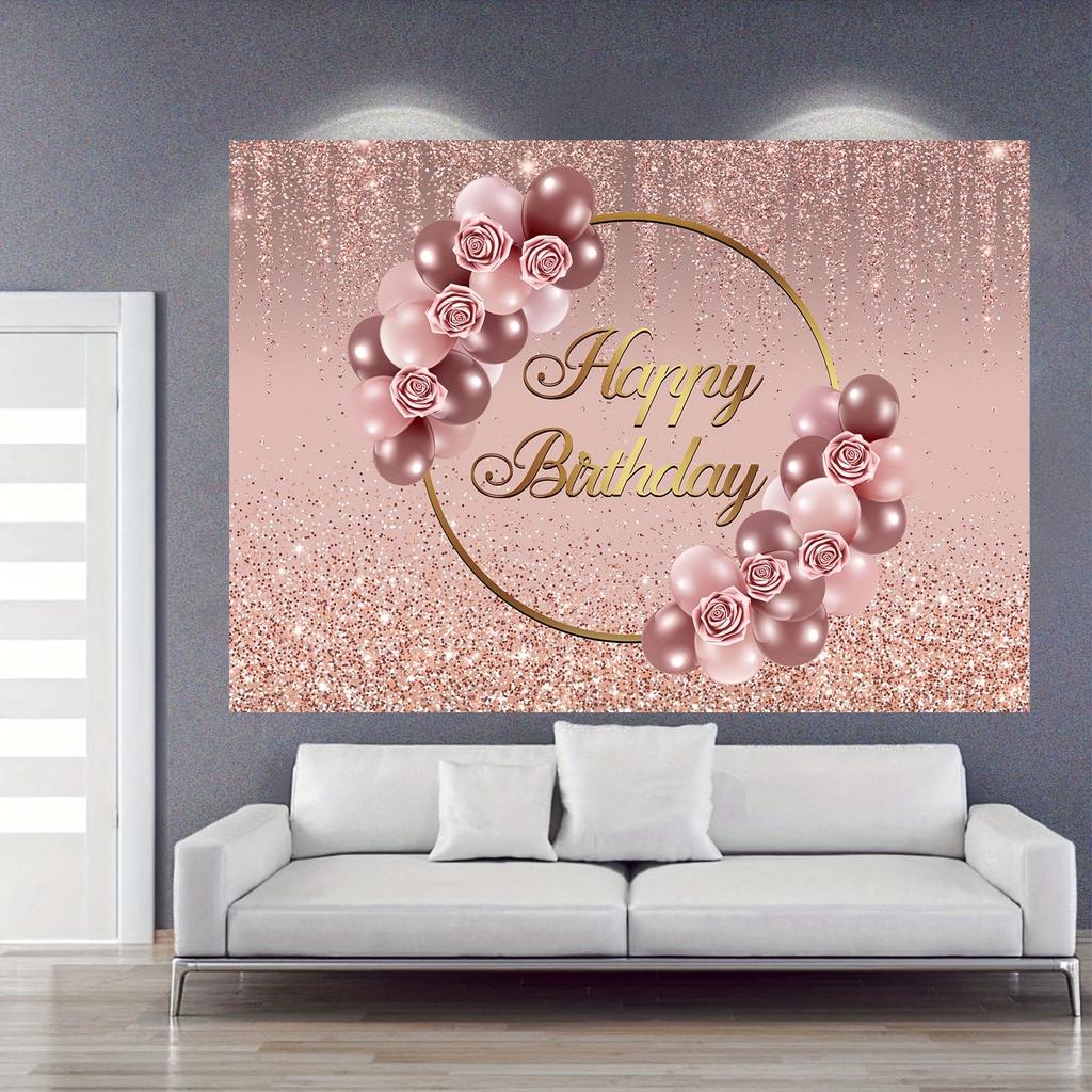 Rose Gold Happy Birthday Background Pink Rose Gold Flower Balloon Rose Gold Scattered Photography Background