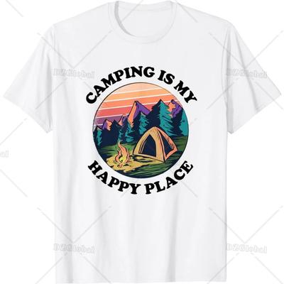 Kemping To Moje Szczęśliwe Miejsce dla Kempingowiczów Namiotowych T-Shirt Odzież Męska Topy Koszulki Graficzne Ubrania Vintage