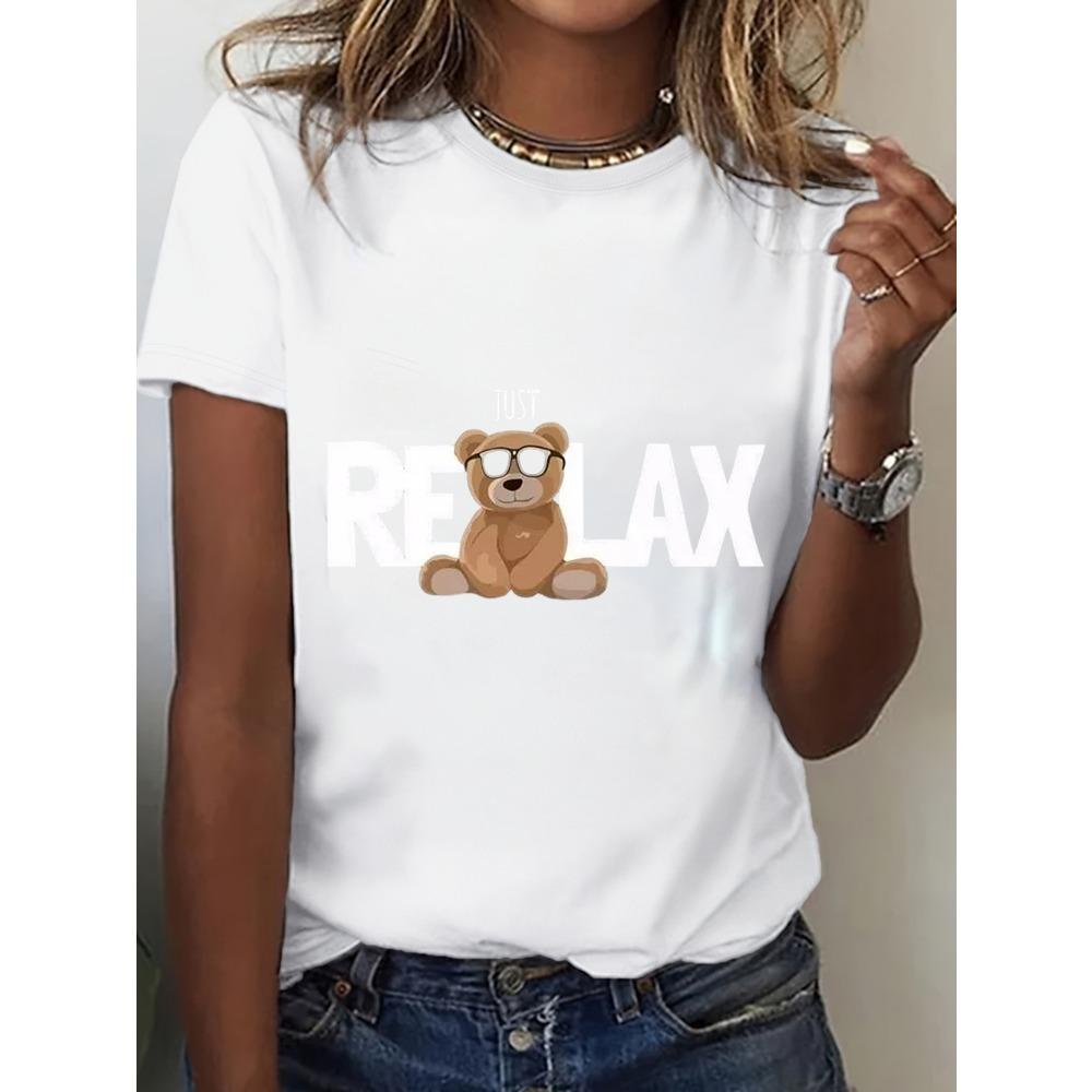 Cute Teddy Bear Print Crewneck Short Sleeve Cotton Graphic T-shirt with Fun Letter Designs for Everyday Wear S