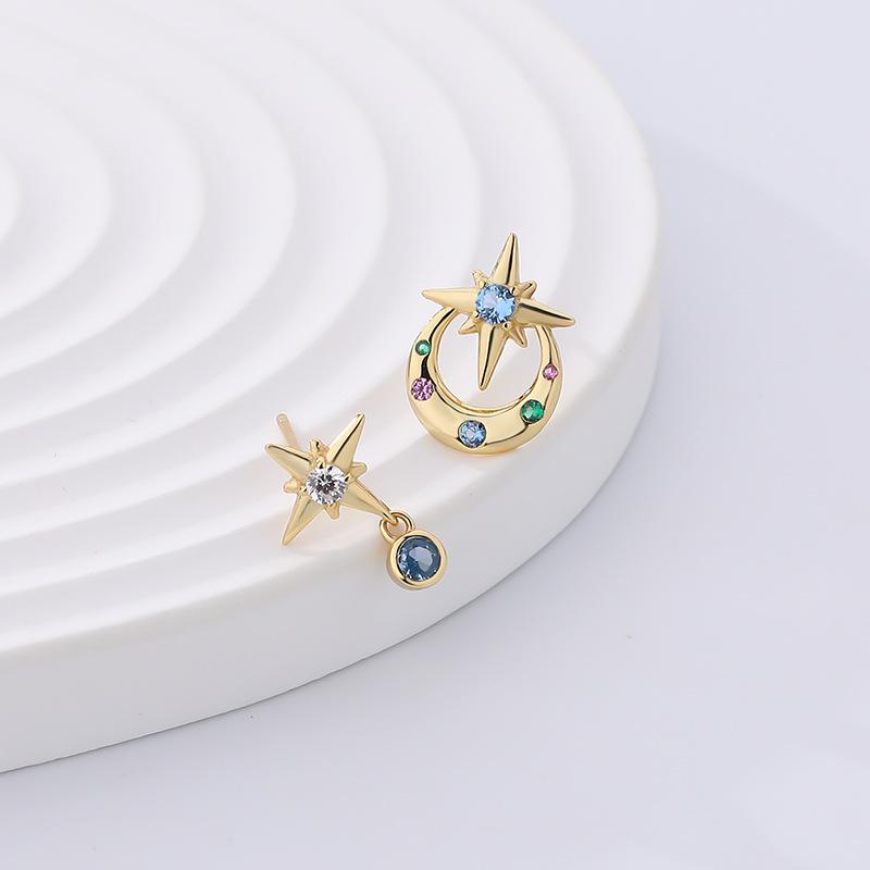 925 Sterling Silver Asymmetric Colorful Zircon Star Stud Earrings French Fashion Simple Jewelry Accessories for Women