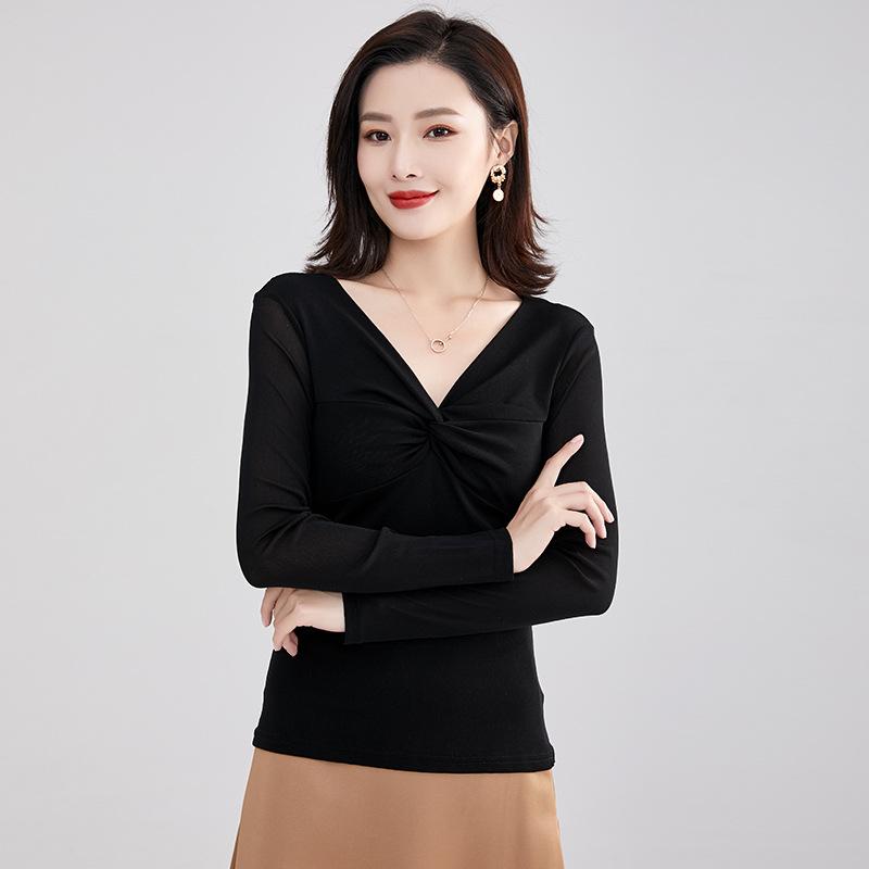 

Весенняя сетчатая футболка с длинными рукавами для женщин Ins Fashion Slim Fit с v-образным вырезом, однотонная нижняя рубашка, топ, новая женская одежда в корейском стиле XL