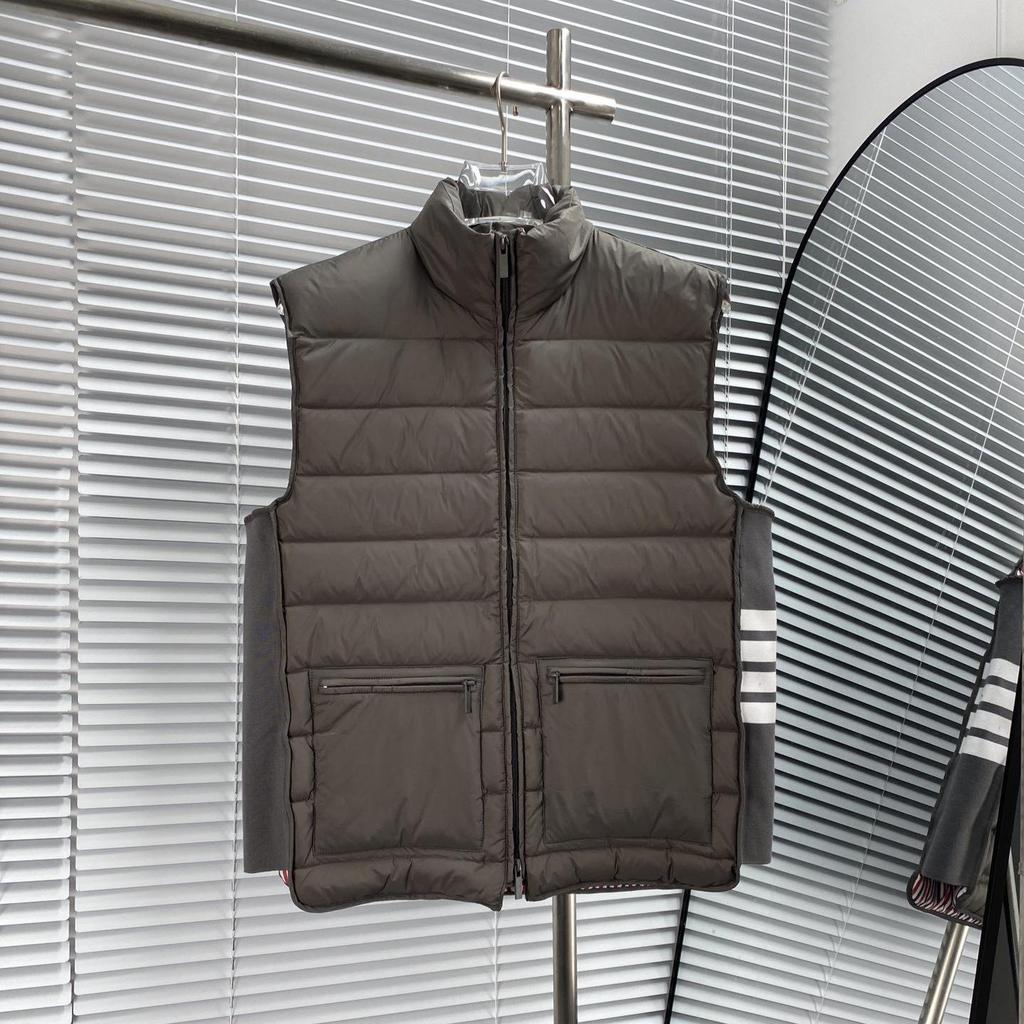 Men's Sleeveless Stand Collar Down Vest Jacket with Waist Stripes