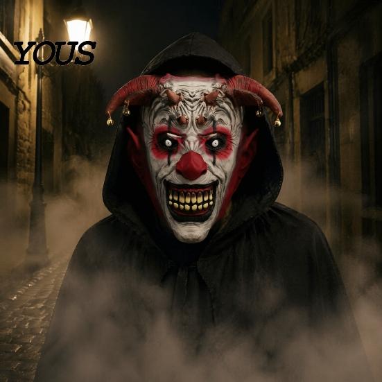 Breathable Halloween Face Mask Scary Devil Horns Mask, with Bell Decor, Comfortable Realistic Latex Headgear, for Adult Cosplay Props