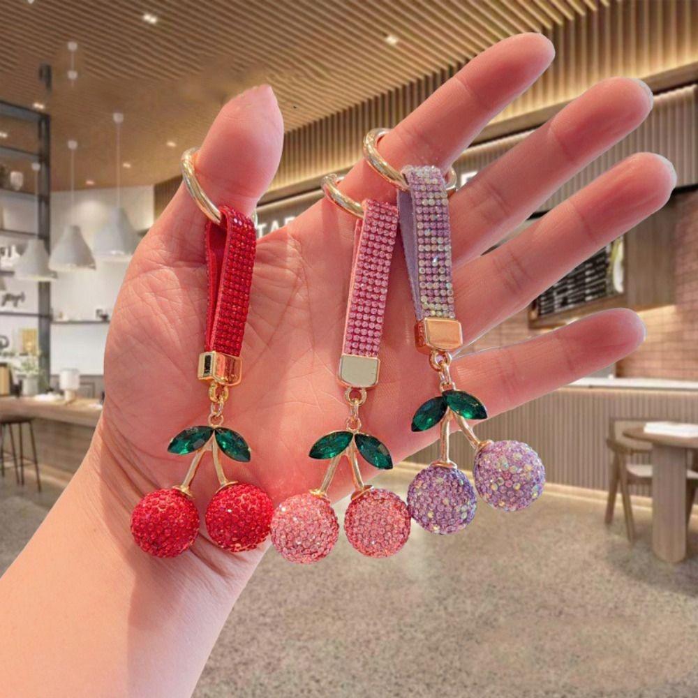 Blingbling Full Rhinestones Cherry Keychain High-end Bag Charm Rhinestone Car Keyring  Women