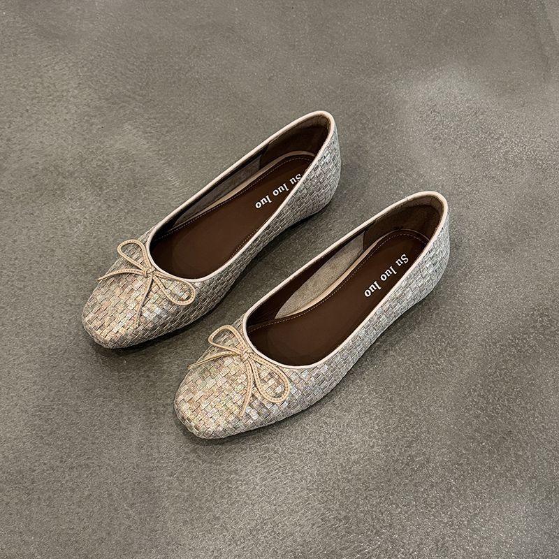 2025 New Niche Square Head Bow Shallow Mouth Single Shoes Women's Summer Flat Shoes Women's Soft Sole Comfortable Super Foreign Korean