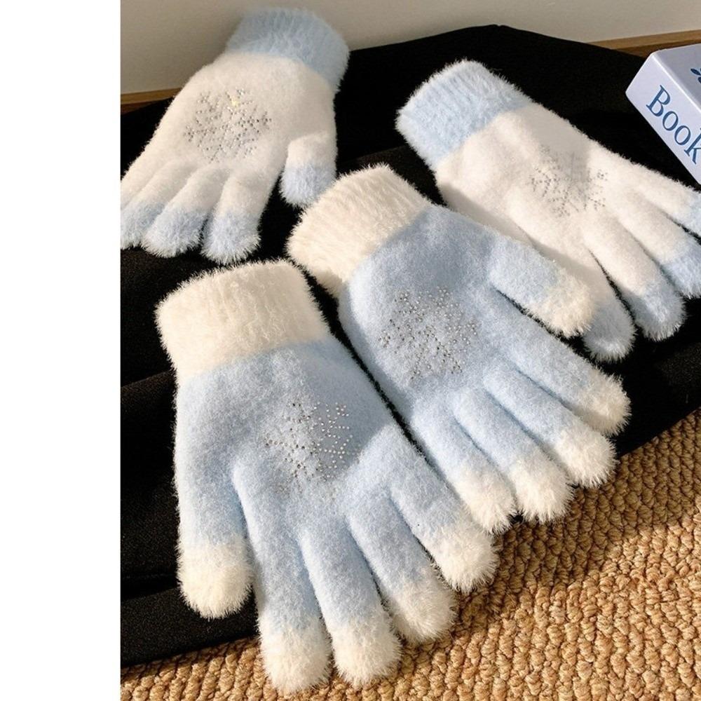 Rhinestone Snowflake Knitted Gloves Full Finger Thick Warm Winter Gloves  Cold Weather