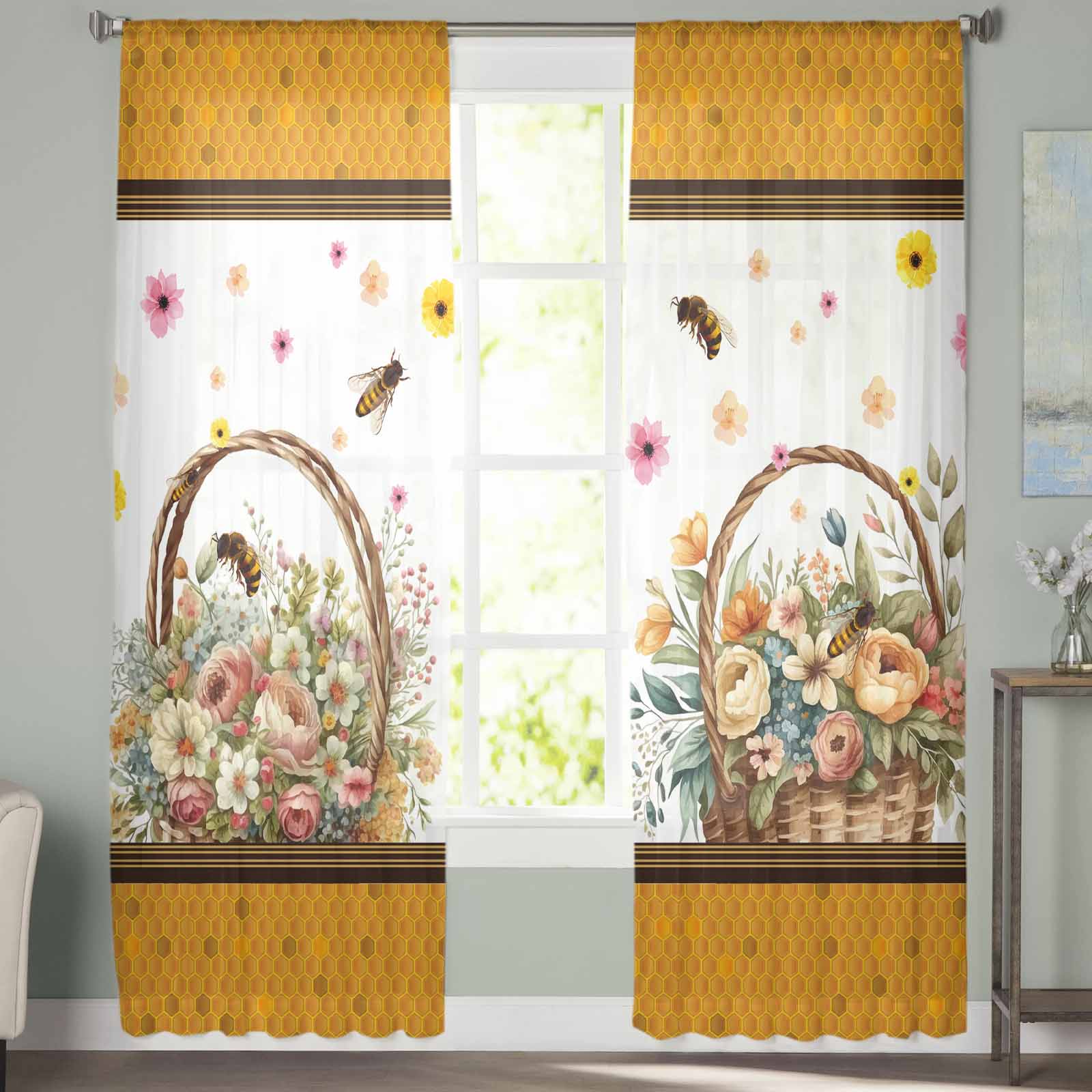 Цветочная корзина пчела акварель соты окна тюль занавески для гостиной спальни отеля — фото 3