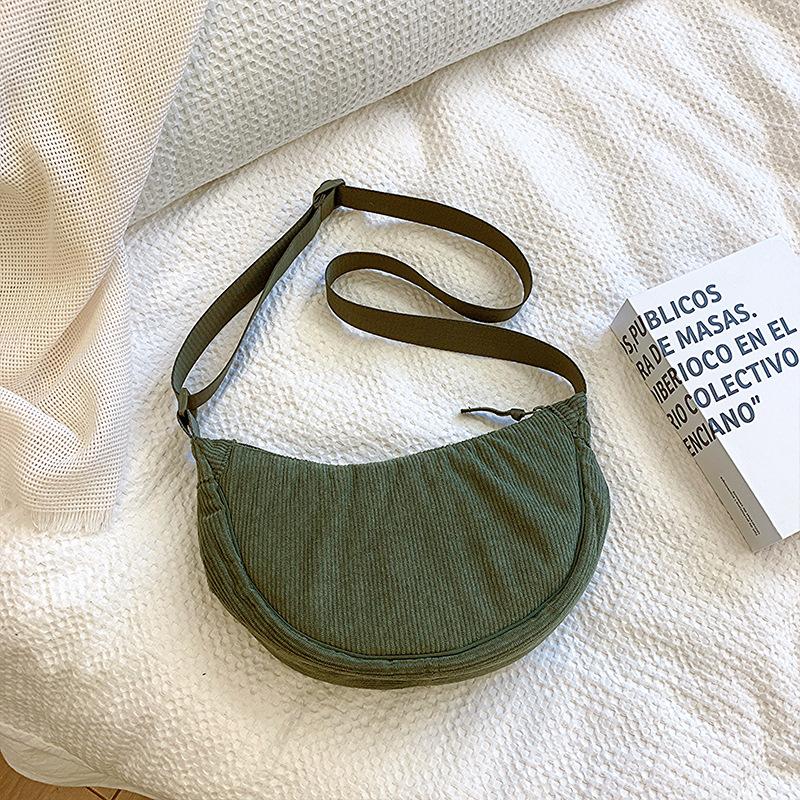 Bolsa de ombro feminina de veludo cotelê de cor sólida, bolsa estilo hobos, retrô, casual, transversal, feminina, bolsa de viagem diária, bolsa mensageiro