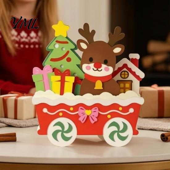 Christmas Party Supplies Wooden Cart Tabletop Decorations, Xmas Figurine Ornament with Snowman Winter Theme Decorations Elk Penguin, Festive