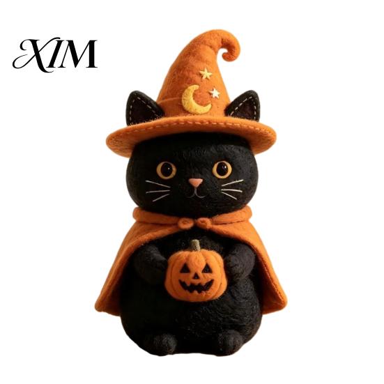 Decorative Wooden Fall Party Supplies Halloween Witch Statue, Retro Felt Style Black Cat Ghost Small Standing Wood Statues Bat Figures for Shelf Desk,