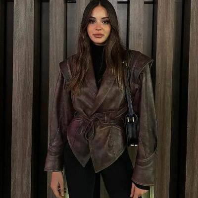 Chaqueta de piel sintética estilo retro informal para mujer, estilo europeo-americano, suave y de alta calidad.