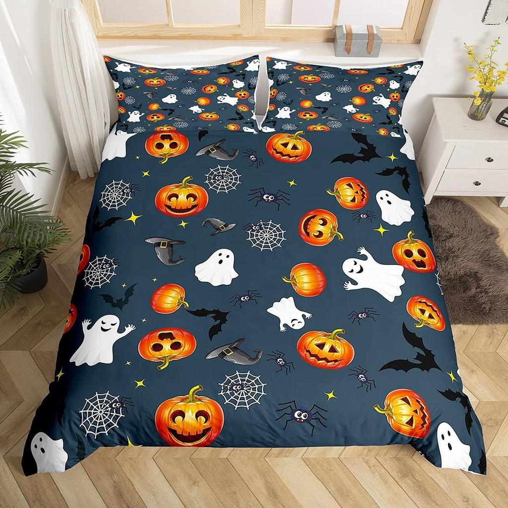 Comforter Happy Halloween Ghost Full Bedding Set For Boys Girl Spider Bat Black Cat Print Comforter Trick Or Treat Theme