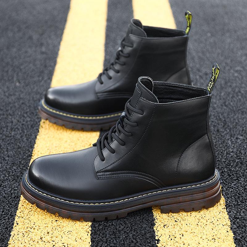 Fashion thick-soled Martin boots men's autumn high-top tooling short boots fleece warm soft-soled boots tide