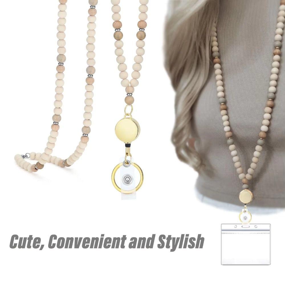 Retractable ID Badge Holder Lanyard Stainless Steel Clasp Bead Teacher Lanyard  Teacher Use