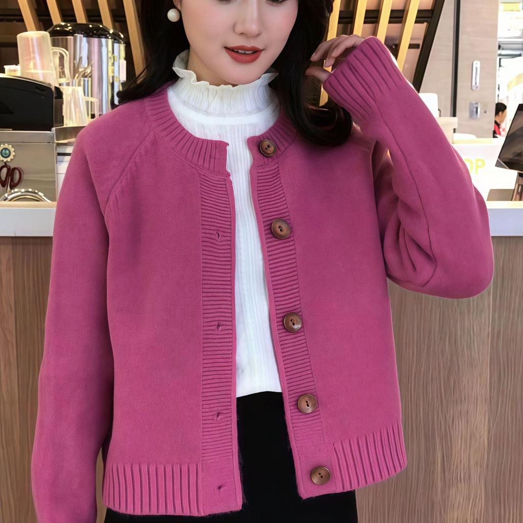 Korean Simple Round Neck Knit Cardigan - Women's Autumn/Winter Loose Soft Sweater Coat