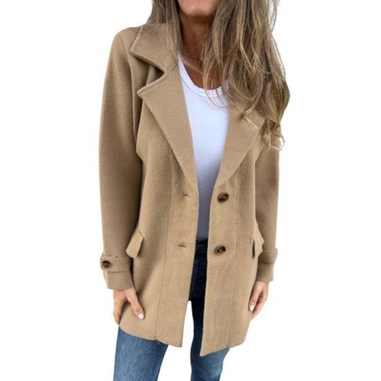 Manteau en laine de couleur unie pour femmes, mi-long, à revers, manches longues, simple boutonnage, vêtement d'extérieur avec poches latérales, style pour les déplacements