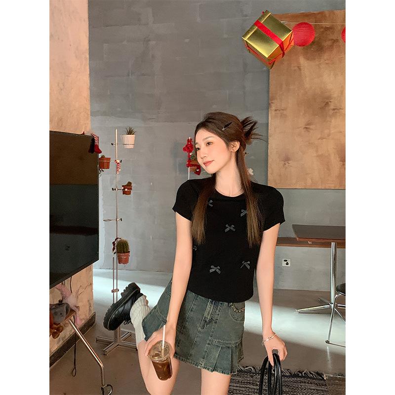 Korean bow design front shoulder crew neck short-sleeved T-shirt women's spring and summer new slim and thin casual top