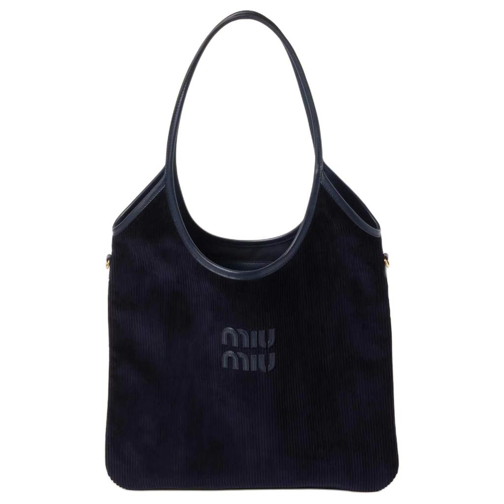 Miu Miu Ivy Corduroy Fabric Mixed Material Tote Bag Women Tote Bags Navy-Blue 5BG231_2F81_F0124_V_MLN