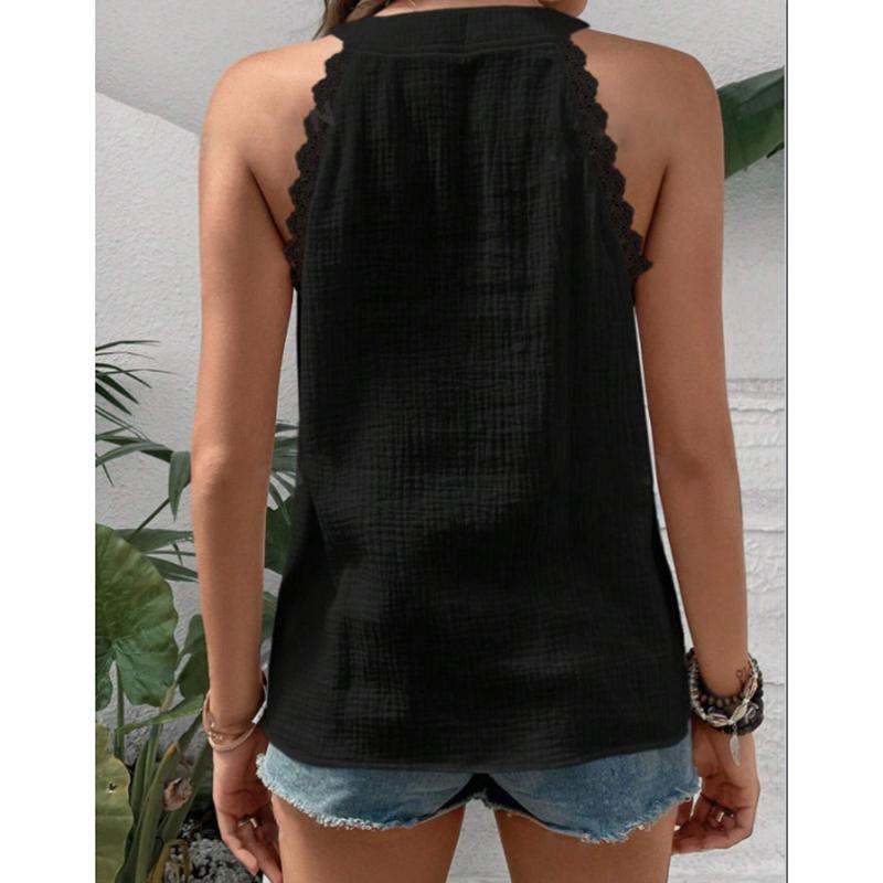 Fashion New Solid V-neck Loose Casual Shirts Women Sleeveless Lace Splicing White Blouses for Women Summer Clothing Vintage Slim Fit Shirt Tops 26642