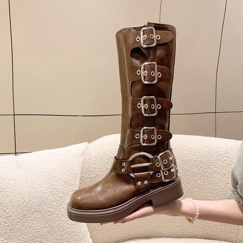 Fashion New Trend Women Boots Retro Brown Belt Buckle Women's High Boots Western Cowboy Boots Fashion Temperament Boots Botas Para Mujer