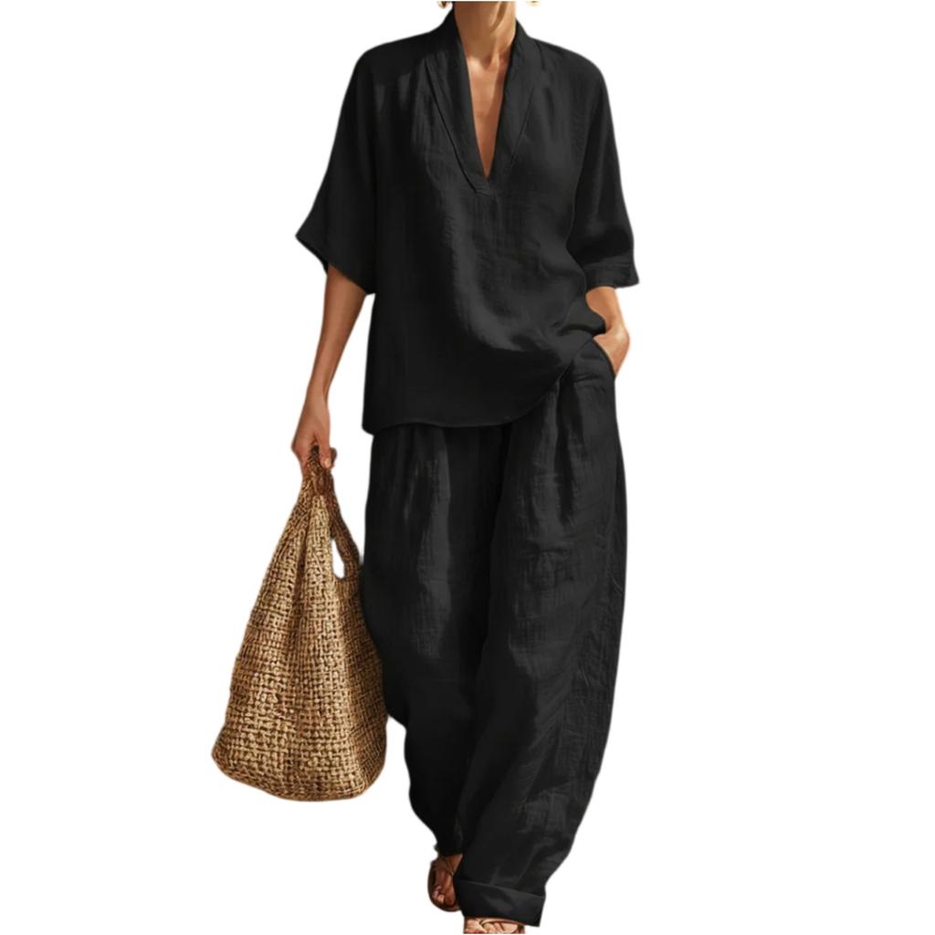 Damset med V-ringad pullovertopp och lös midja, avslappnad