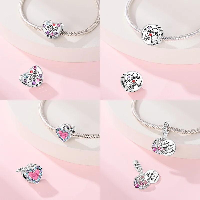Copper Metal Sisters Friendship Series Pink Heart Charm Bead Component Forever Love Bead Components Compatible With Authentic Original Bracelet High