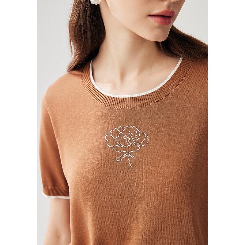 Zhaojun Women's Silk Blend Rhinestone Flower Short Sleeve Knit T-Shirt