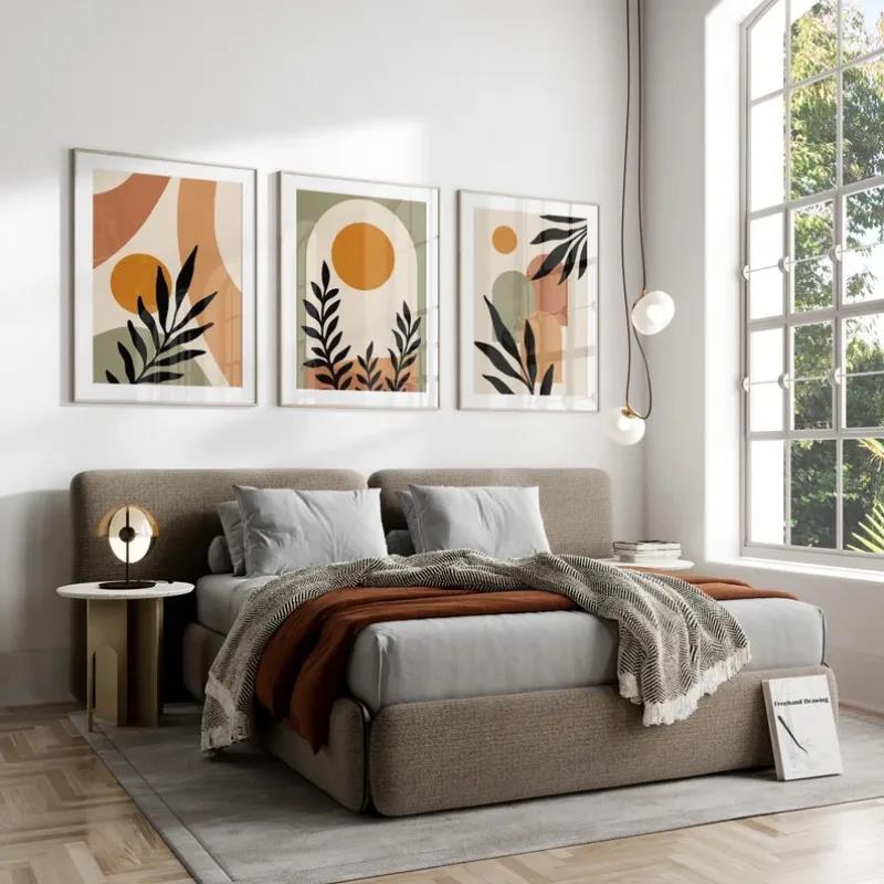 Green Terracotta Nordic Modern Canvas Painting Leaves Colour Block Bedroom Frameless Poster Bohemian Abstract Wall Art Beige