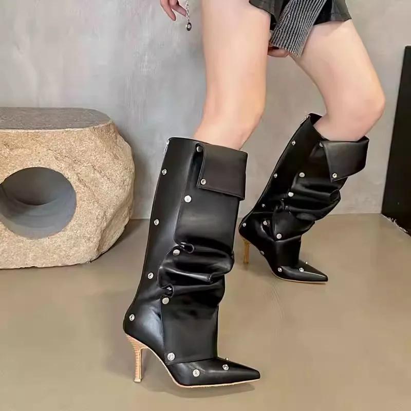 

Onlymaker Женские ботфорты до колена с острым носком, плиссировкой и тонким каблуком, молния сзади, модные пуговицы, шпилька, съемные ботфорты 40 чёрный