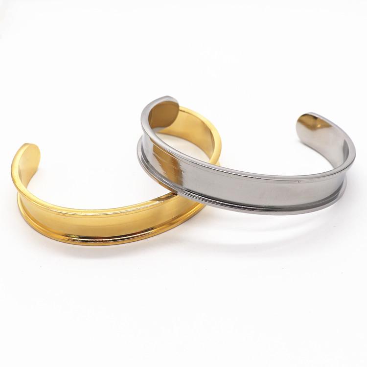 Stainless Steel Grooved Veneer Open Bangle Round Head Bracelet