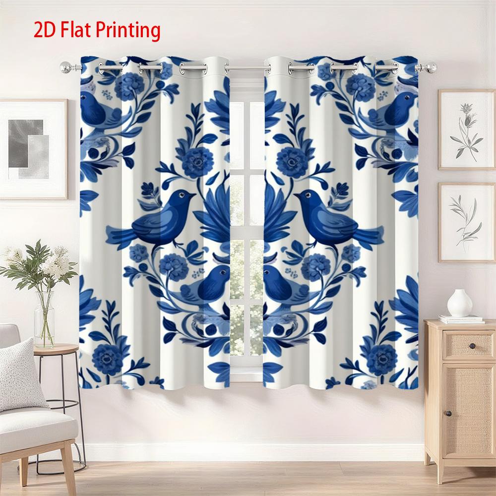 2pcs Blue & White Floral Bird Pattern Curtains - 2D Flat Printing   Semi-Transparent Polyester Fabric   Grommet Top for Easy Hangi