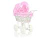 Hoge rieten poppenwagen met roze beddengoed en voering - wit