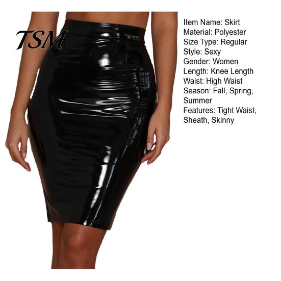 High Waist Skirt Women Club Faux Leather Skinny Sheath Zipper Closure Solid Slimming Color Glossy Surface Slim Fit Knee Length Lady Party Dating