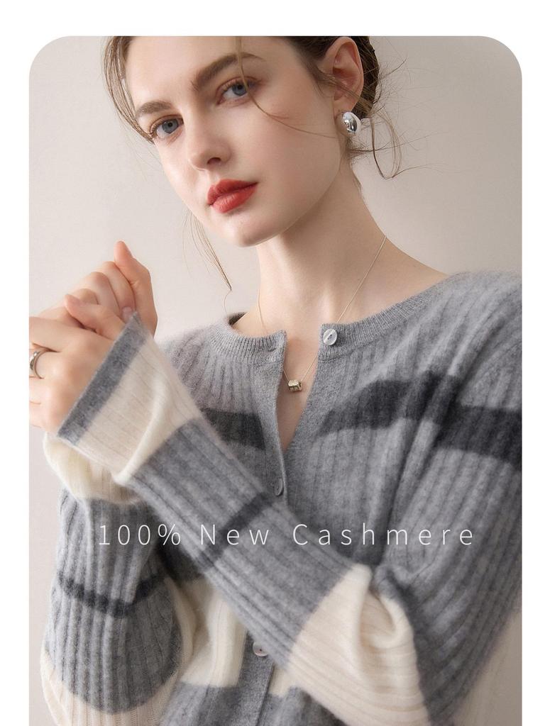 Women's 100% Pure Cashmere Color Block Stripe Cardigan - Round Neck, Single-Breasted, Soft & Fashionable Knit Top