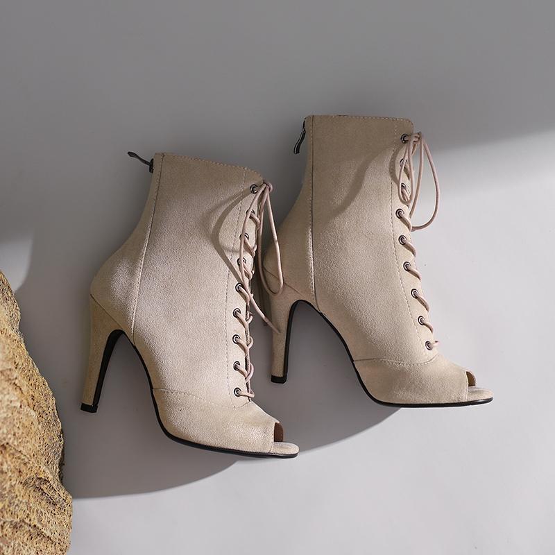 Fashion Ankle Boots For Women Elegant Peep Toe Lace Up Autumn Spring Pumps Jazz Dance Shoes Faxu Suede Black Beige Woman Boots