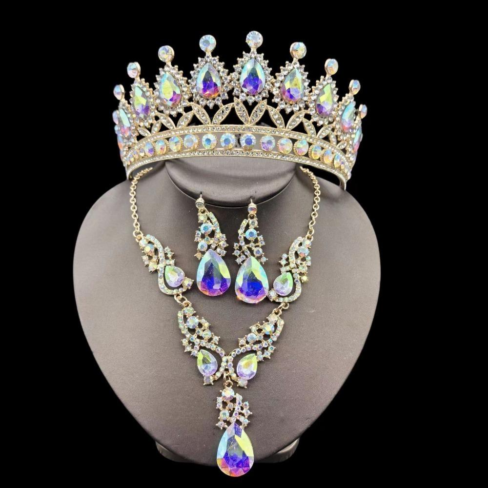 

4pcs Princess Tiara Set w/ Water Drop Crystals Bridal Necklace Earrings in Green Blue Red Crown Zircon for Weddings Women Teens 43-48cm