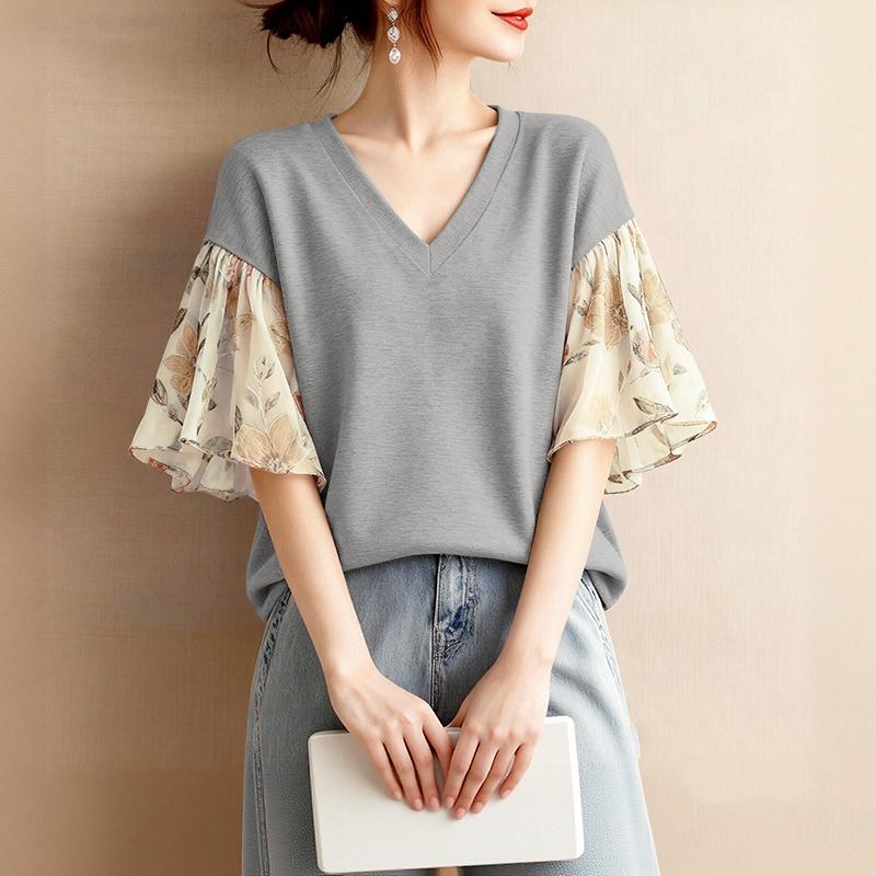 

ZANZEA Women V-Neck Splice Short Sleeve Summer Casual Blouse 4XL сірий колір